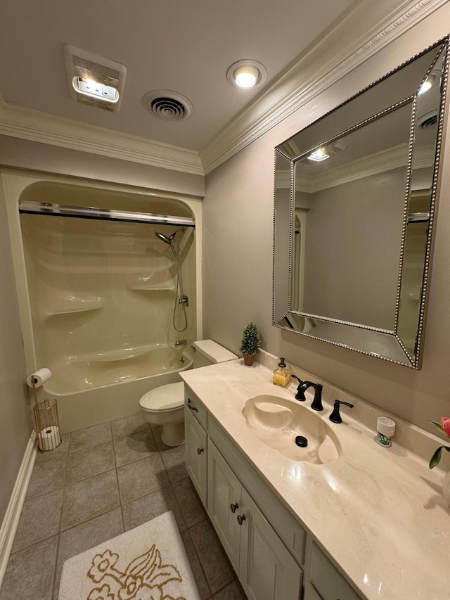 full bathroom with tile patterned floors, vanity, crown molding, and toilet