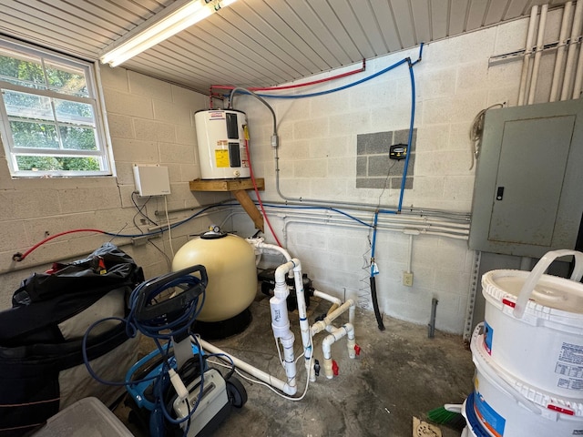 utility room with electric panel and water heater