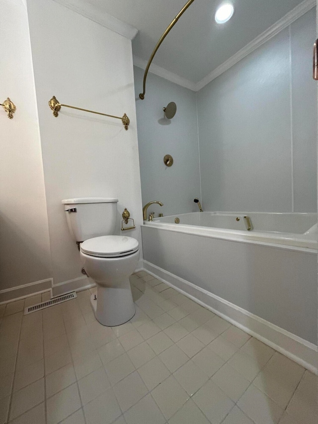 bathroom with a bath, toilet, ornamental molding, and tile patterned floors