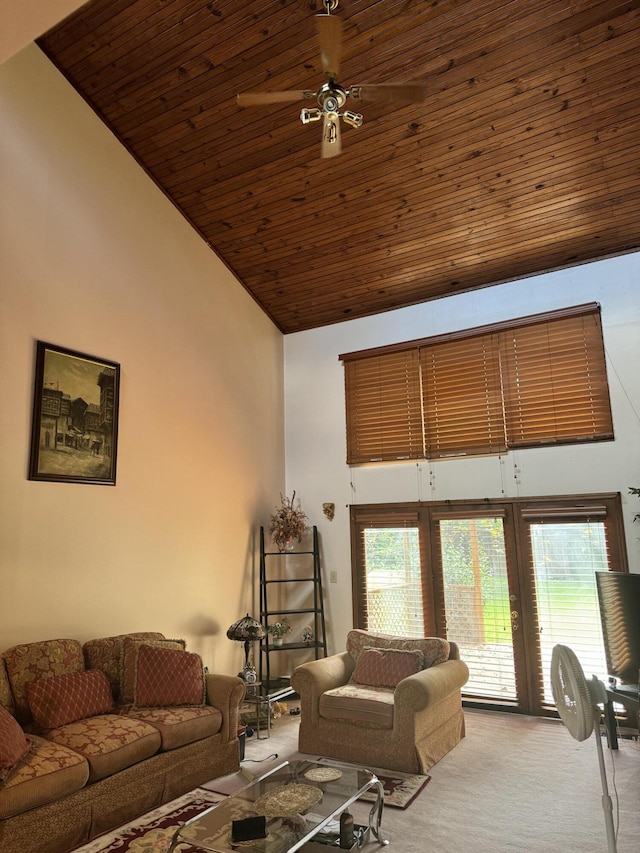 living room featuring high vaulted ceiling, carpet, wooden ceiling, and plenty of natural light