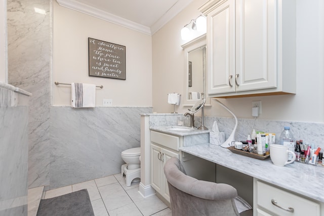 bathroom with crown molding, vanity, toilet, and walk in shower