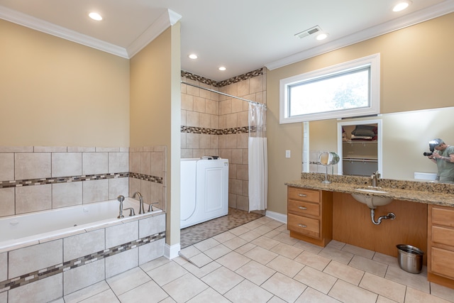 bathroom with shower with separate bathtub, ornamental molding, vanity, and tile patterned floors