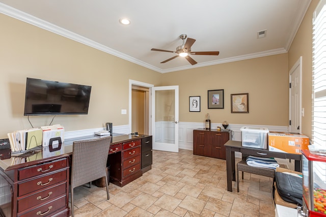 office area featuring ceiling fan, ornamental molding, and a healthy amount of sunlight