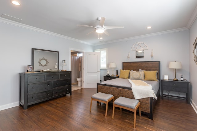 bedroom featuring crown molding, dark wood-type flooring, connected bathroom, and ceiling fan