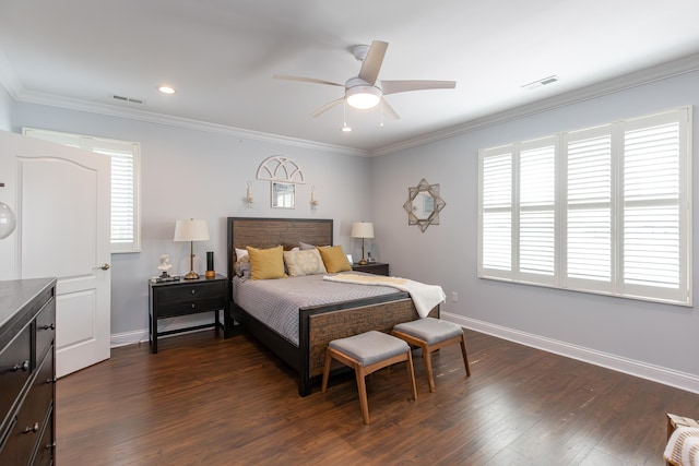 bedroom featuring crown molding, multiple windows, dark wood-type flooring, and ceiling fan