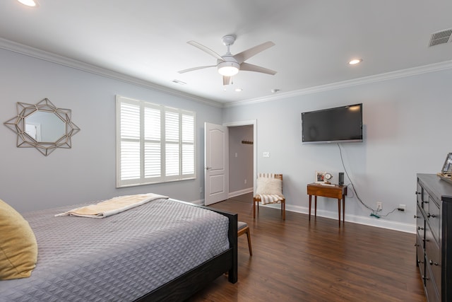 bedroom with ornamental molding, dark hardwood / wood-style flooring, and ceiling fan