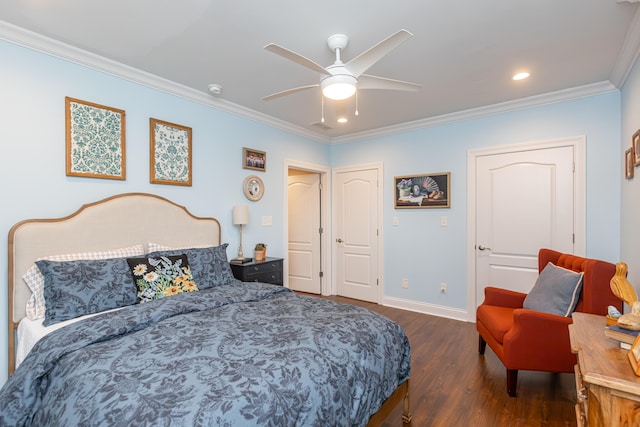 bedroom with ornamental molding, ceiling fan, and dark hardwood / wood-style floors