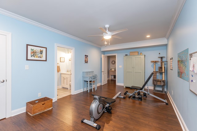 exercise area with crown molding, ceiling fan, and wood-type flooring