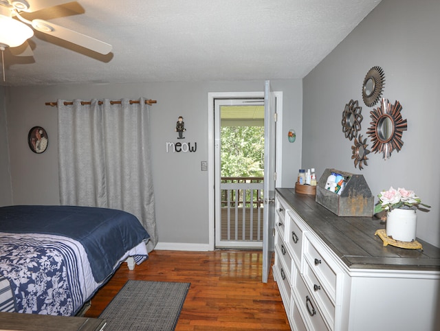 bedroom with hardwood / wood-style flooring, access to outside, a textured ceiling, and ceiling fan