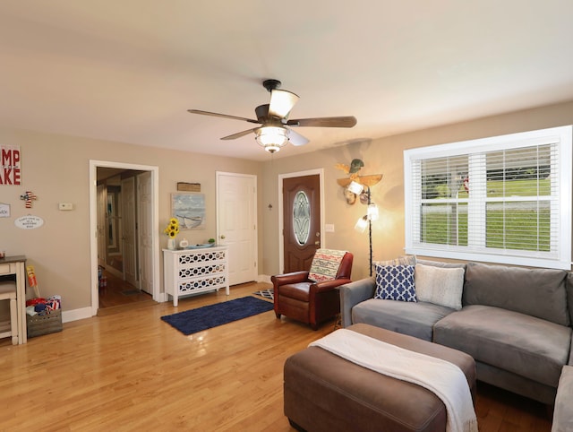 living room with ceiling fan and light hardwood / wood-style flooring