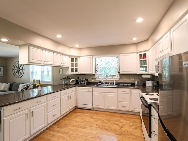 kitchen with sink, plenty of natural light, light hardwood / wood-style flooring, and white appliances