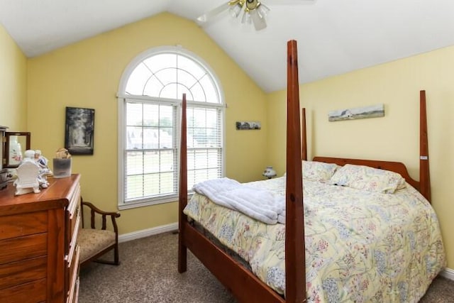 bedroom featuring lofted ceiling, carpet, a ceiling fan, and baseboards