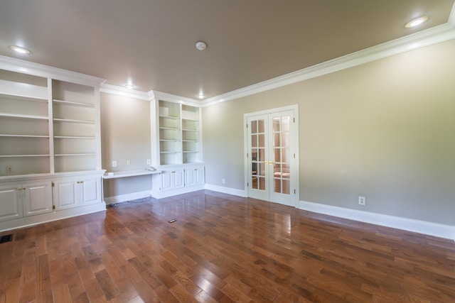 unfurnished living room featuring french doors, built in shelves, dark wood-type flooring, and crown molding