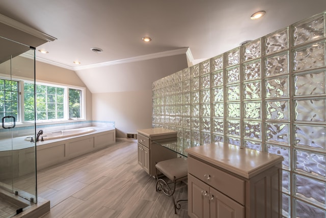 bathroom with wood-type flooring, separate shower and tub, and lofted ceiling