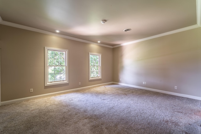 carpeted spare room featuring ornamental molding