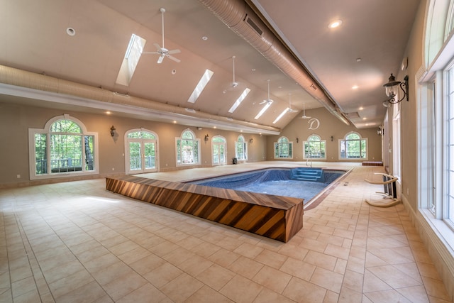 view of swimming pool with ceiling fan and a skylight