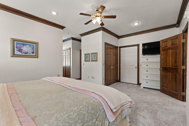 bedroom featuring light colored carpet, ceiling fan, and crown molding