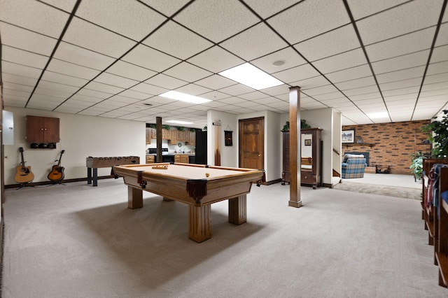 rec room with light carpet, a drop ceiling, and billiards