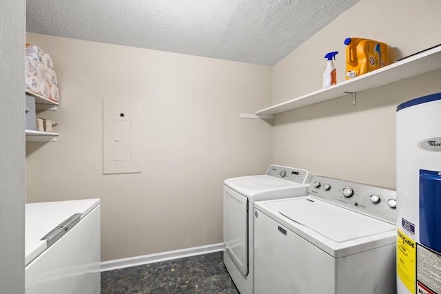 laundry area with electric water heater, a textured ceiling, electric panel, and washer and clothes dryer