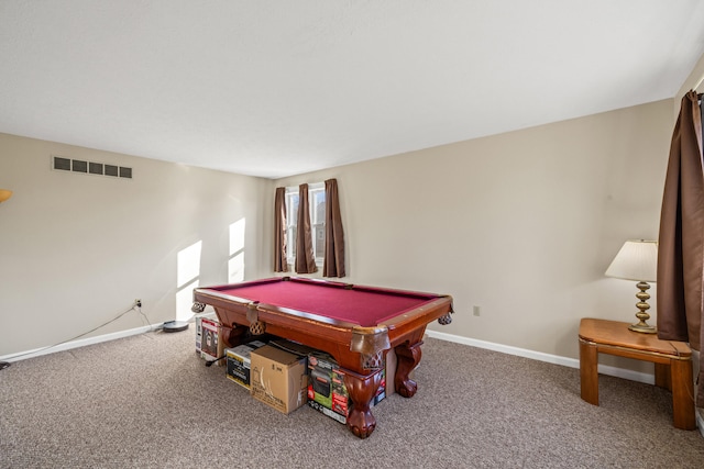 rec room with pool table and carpet flooring