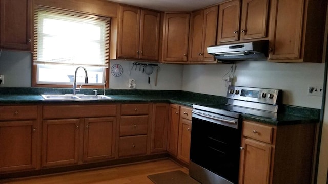 kitchen featuring sink, electric range, light hardwood / wood-style floors, and a wealth of natural light