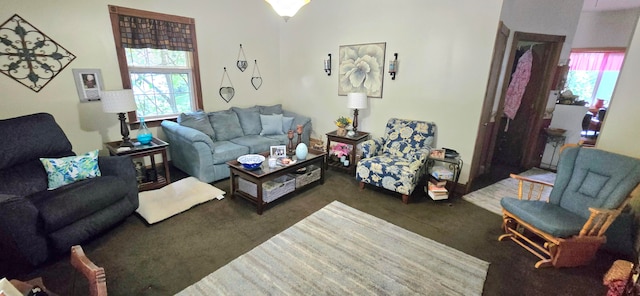 living room with dark carpet