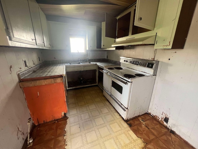 kitchen featuring sink, white electric stove, wall chimney range hood, and light parquet floors