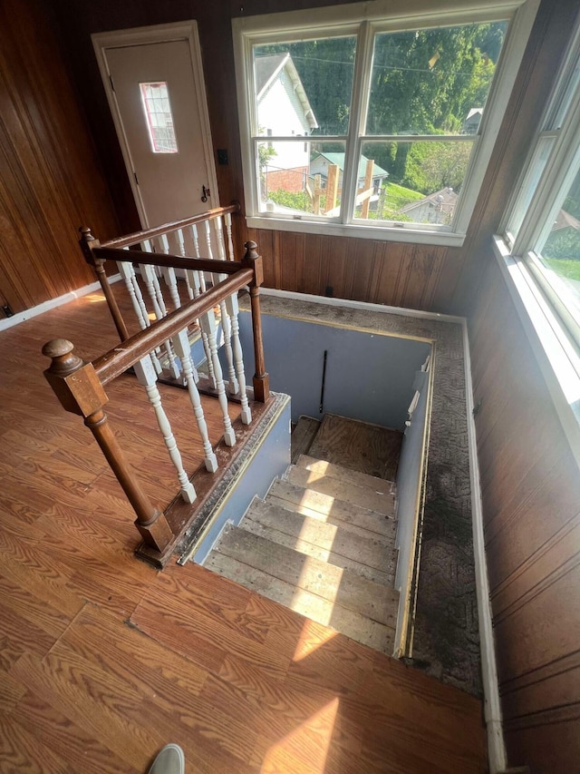 stairway featuring hardwood / wood-style flooring, wooden walls, and a healthy amount of sunlight