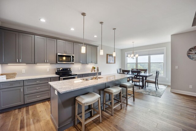 kitchen featuring sink, a kitchen bar, hanging light fixtures, stainless steel appliances, and a center island with sink