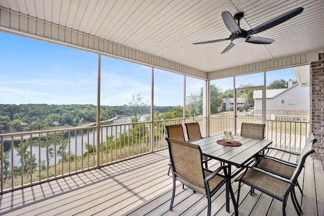 sunroom with a water view and ceiling fan