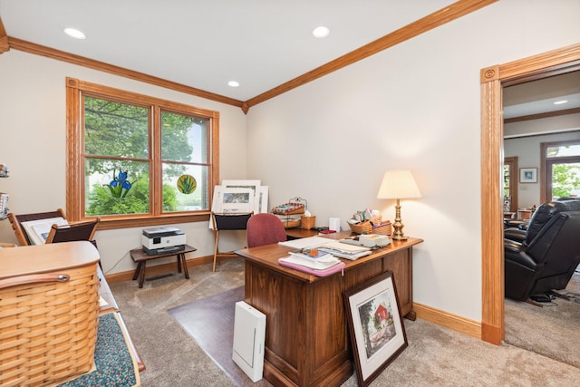 carpeted home office with ornamental molding