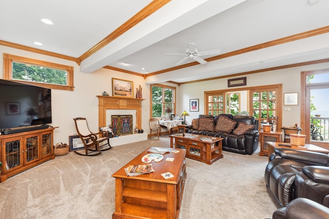 carpeted living room with ceiling fan, a wealth of natural light, crown molding, and a brick fireplace