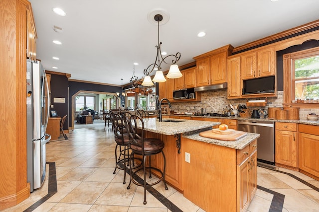 kitchen with a wealth of natural light, stainless steel appliances, an island with sink, and sink