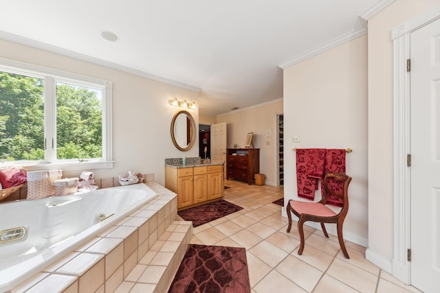 bathroom featuring ornamental molding, vanity, tile patterned flooring, and tiled bath