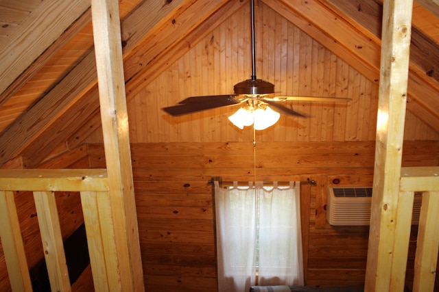 details with wood ceiling, beamed ceiling, and wooden walls