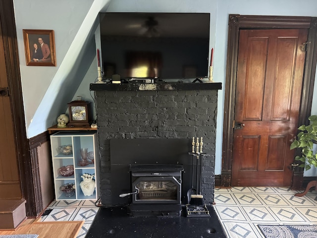 room details featuring a wood stove