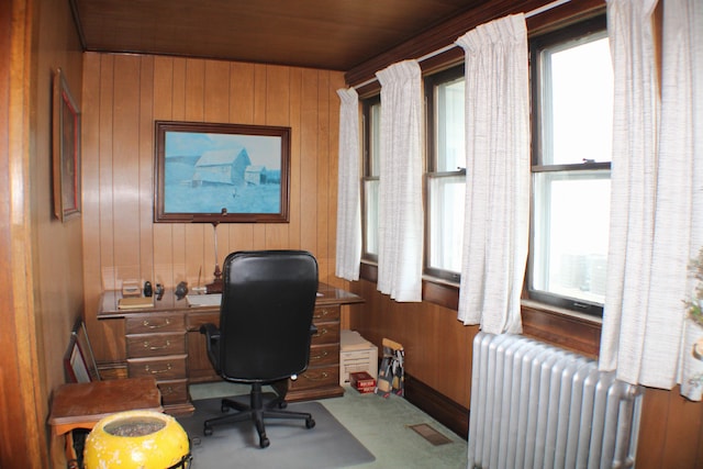 office space featuring radiator, a wealth of natural light, wood walls, and wood ceiling