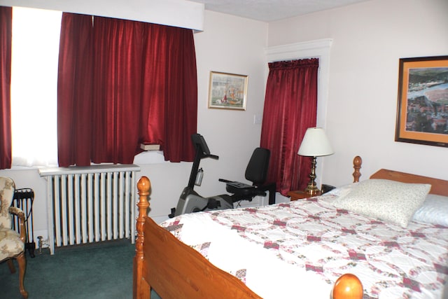 carpeted bedroom with radiator and a closet