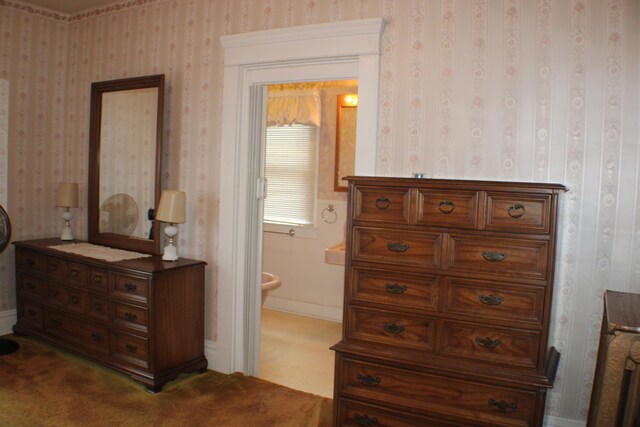 bedroom featuring ensuite bath and carpet floors