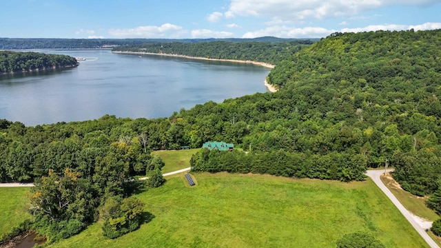 drone / aerial view with a water view