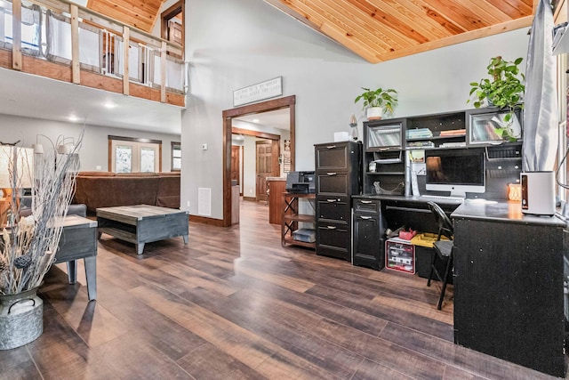 interior space with high vaulted ceiling, wood ceiling, and dark wood-type flooring