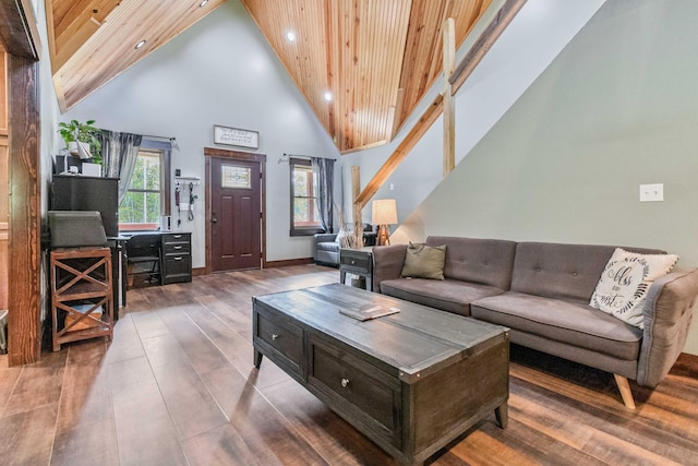 living room with high vaulted ceiling, wood ceiling, and dark hardwood / wood-style flooring