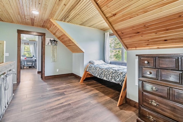 bedroom with vaulted ceiling, wooden ceiling, and dark hardwood / wood-style flooring