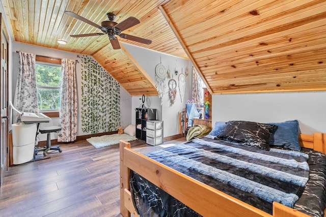 bedroom with wood ceiling, hardwood / wood-style flooring, ceiling fan, and vaulted ceiling