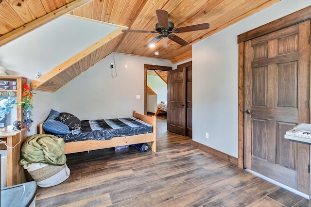 bedroom featuring wood ceiling, ceiling fan, vaulted ceiling, and dark hardwood / wood-style flooring