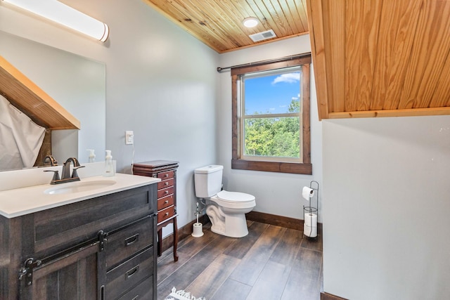 bathroom with vanity, toilet, hardwood / wood-style flooring, and wood ceiling