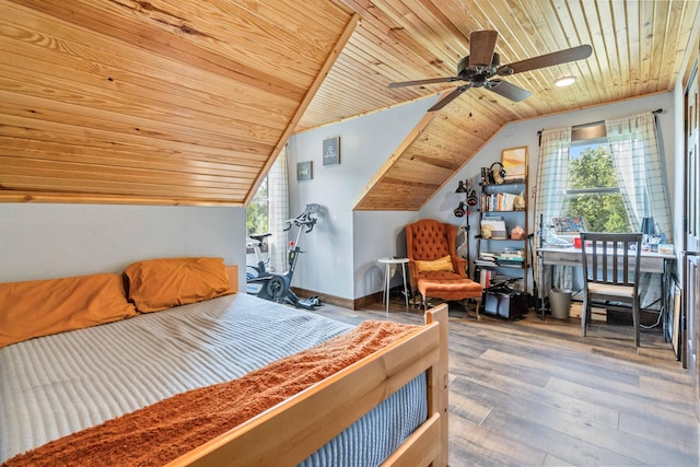 bedroom featuring vaulted ceiling, hardwood / wood-style floors, ceiling fan, and wooden ceiling