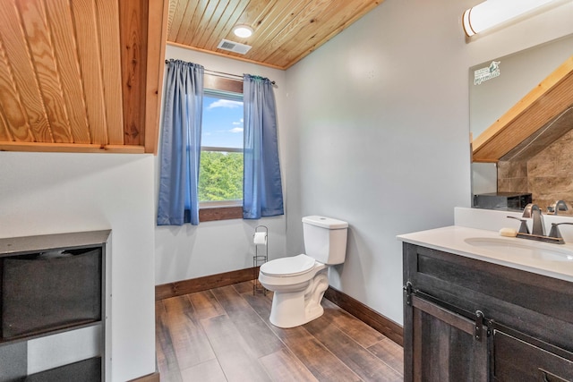 bathroom with vanity, toilet, wood-type flooring, and wooden ceiling