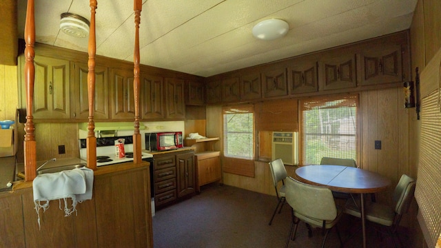 kitchen with dark carpet and wooden walls