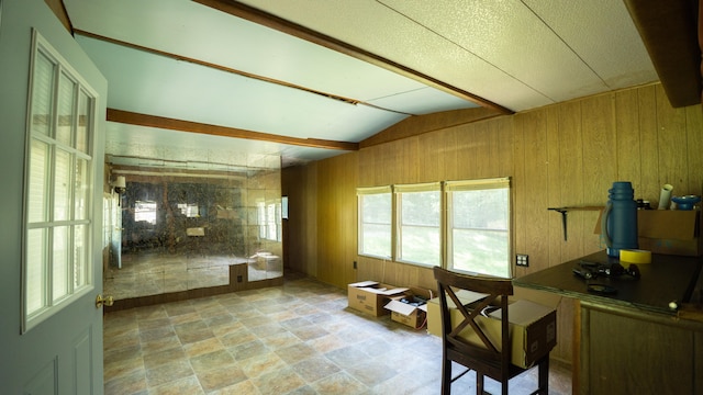 office space featuring wood walls, plenty of natural light, and vaulted ceiling